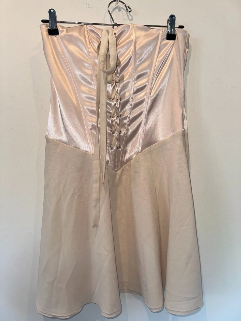 Parthea Beige Strapless Corset Midi Dress Satin Lace-Up Flare Dress